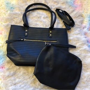 NWT vegan leather zip top tote with bonus large cosmetic bag and crossbody strap